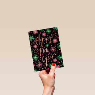 nieuwjaarskaart klassiek getekend vuurwerk happy new year