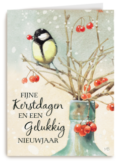 Kerstkaart Marjolein Bastin koolmees rode bes