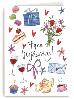 verjaardag kaart matia fijne verjaardag bloemen wijn taart