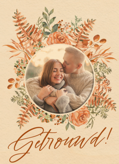 Pas getrouwd kaart foto met bloemenkrans