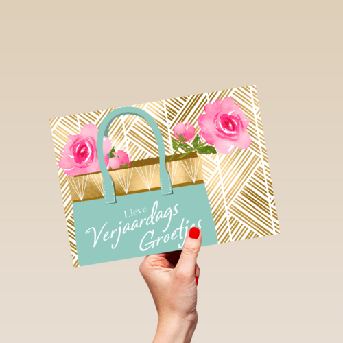 verjaardag kaart stijlvol tasje met bloemen