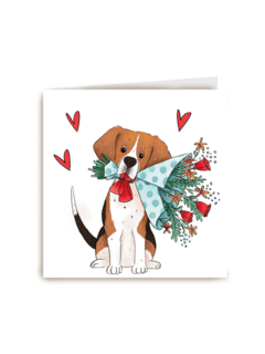 valentijnskaart getekende hond met bos bloemen