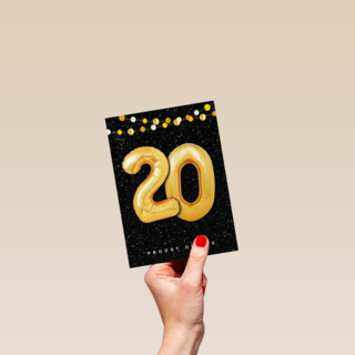 Verjaardagskaart leeftijden 20 ballonletters