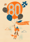 een vos met ballon om 80 jaar te vieren