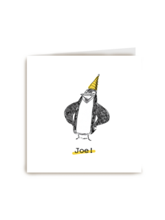 pinguin met feesthoed zegt joe