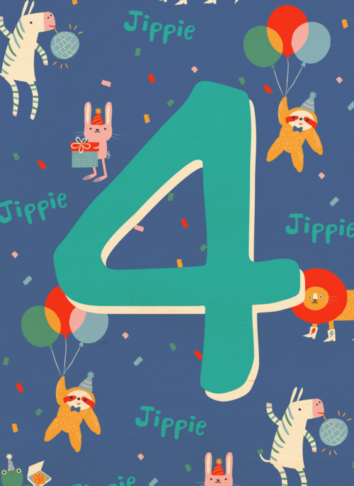 Verjaardagskaart 4 jaar dieren