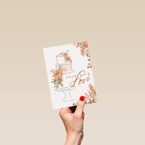klassieke trouwkaart met taart en bloemen