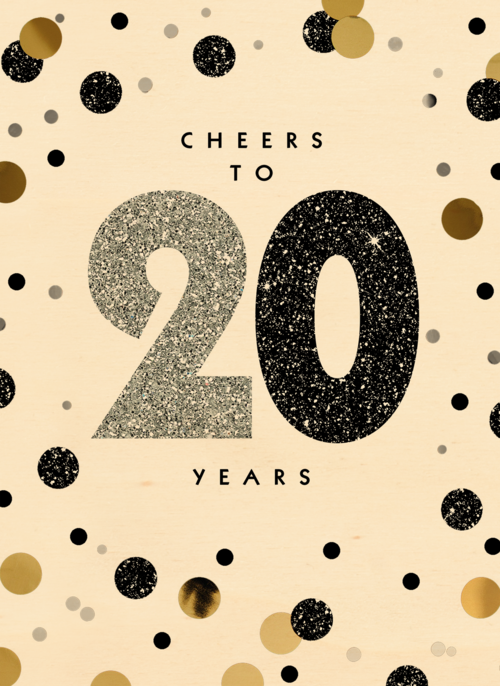 Verjaardagskaart leeftijden Cheers to 20 years wit en goud