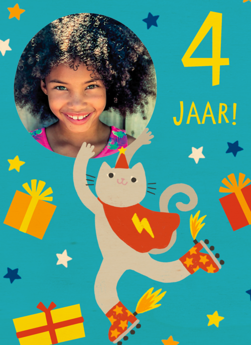 Feestende kat 4 jaar fotokaart