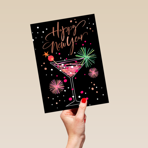nieuwjaarskaart klassiek cocktailglas happy new year