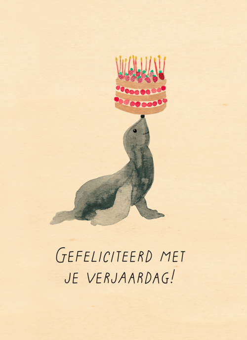 Houten Kaart Verjaardagskaarten | Zeeleeuw Met Taart Verjaardagskaart