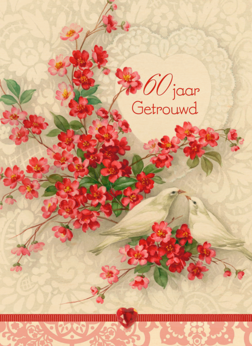 Houten Kaart Huwelijksjubileum | Houten Kaart Hallmark | Huwelijksjubileum | Tak Met Rode Bloemen En Duiven