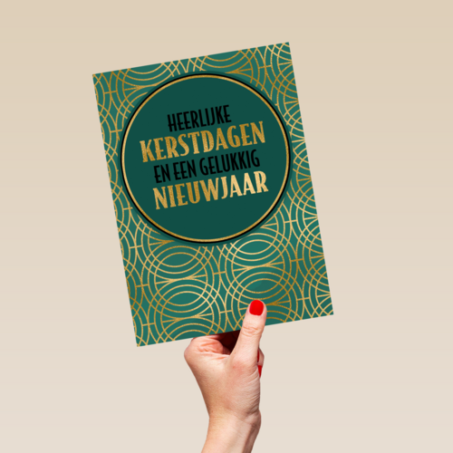 Stijlvolle kerstkaart goud met groen