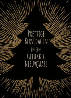 stijlvolle kerstkaart met boom en gouden stralen