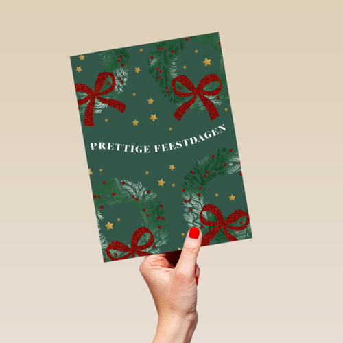kerstkaart met kerststrikken op groene achtergrond
