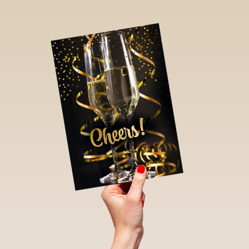 cheers with a glass champagne and confetti