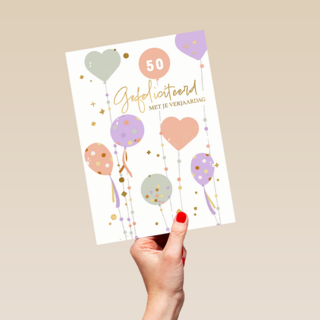 Verjaardagskaart ballonnen en hartjes leeftijd