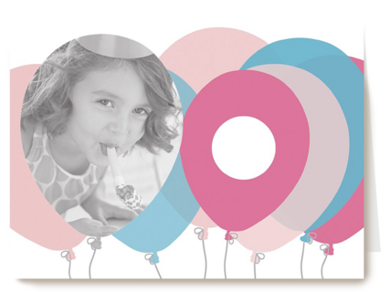 verjaardag fotokaart met roze en blauwe ballonnen