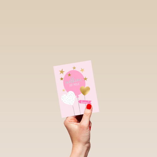 babykaart dochter welkom lief meisje roze ballon