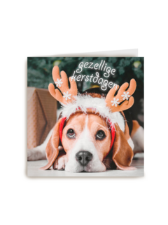 Kerstkaart klassiek hond met gewei
