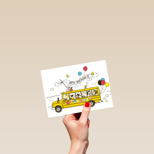 Snoopy verjaardagskaart schoolbus