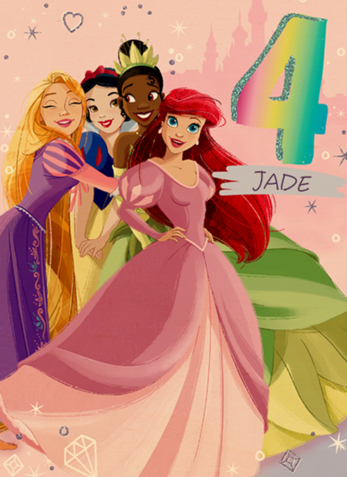 Verjaardagskaart 4 jaar Disney prinsessen