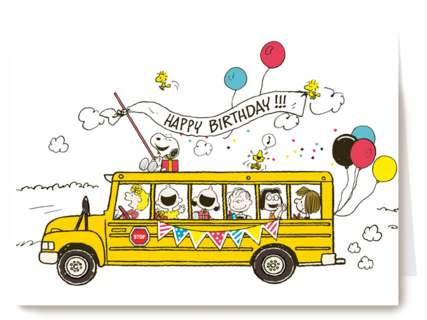 Snoopy verjaardagskaart schoolbus