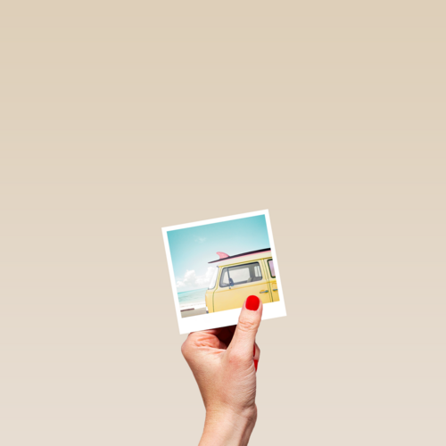 Zomerkaart busje met surfboard Polaroid