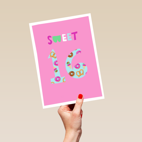 Verjaardagskaart roze sweet 16 tiener meisje