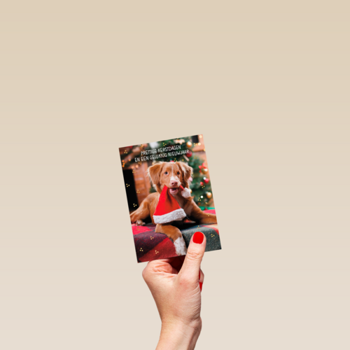 Kerstkaart klassiek Hond met kerstmuts