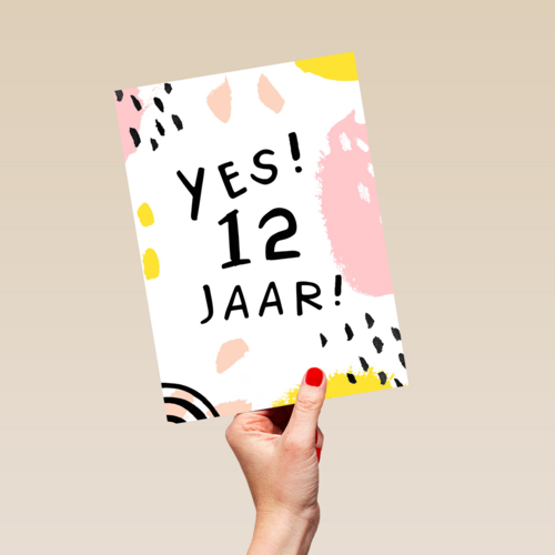 Verjaardagskaart meisje 12 yes roze geel