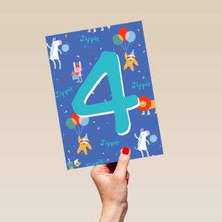 Verjaardagskaart 4 jaar dieren