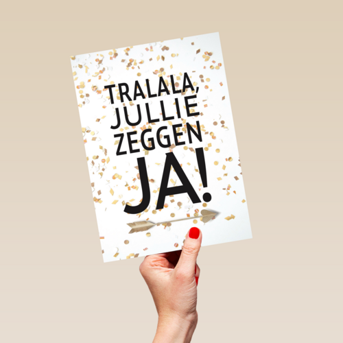 huwelijks kaart tralala jullie zeggen ja met confetti