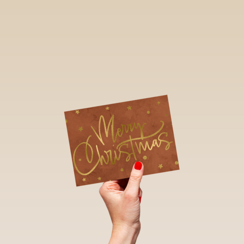 kerstkaart met gouden tekst en sterren