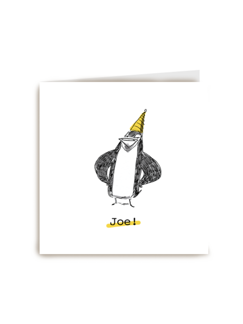 pinguin met feesthoed zegt joe