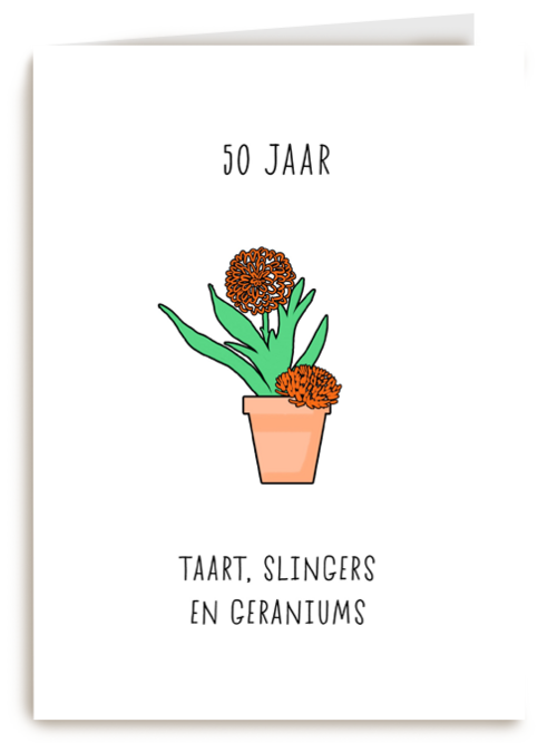 Verjaardagskaart 50 taart slingers en geraniums