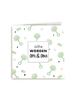 kaart voor opa en oma met groene rammelaar en kleine vlinders