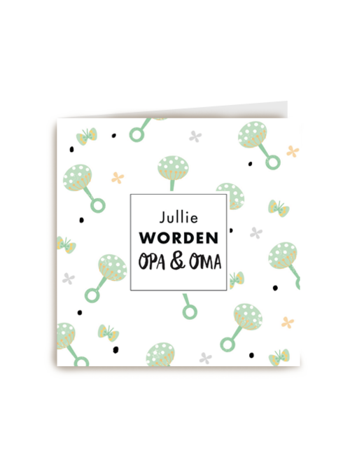 kaart voor opa en oma met groene rammelaar en kleine vlinders