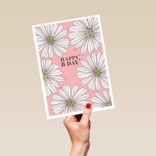 Verjaardagskaart roze met witte bloemen
