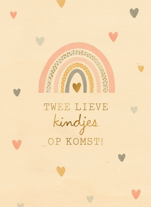 Houten Kaart Zwangerschap Felicitatie | Houten Kaart Hallmark | Zwangerschap Felicitatie | 2 Lieve Kindjes Op Komst Met Regenboog