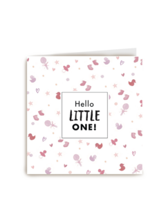 roze kaart hello little one met verschillende baby accesoires