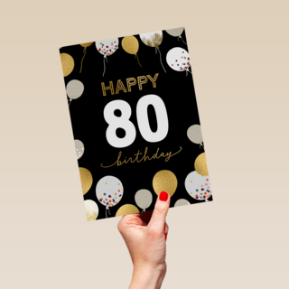 Verjaardagskaart ballonnen met leeftijd zwart