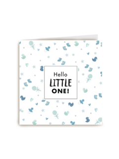 blauwe kaart hello little one met badeend sokjes en een speen
