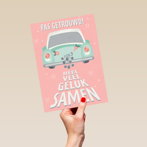 Trouwkaart Pas getrouwd auto