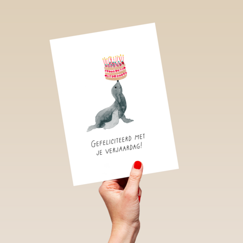 Zeeleeuw met taart verjaardagskaart