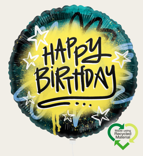 Ballon Happy Birthday Graffiti Zwart Geel Eco