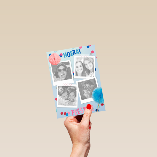 blauw roze hoera feestje kaart met confetti