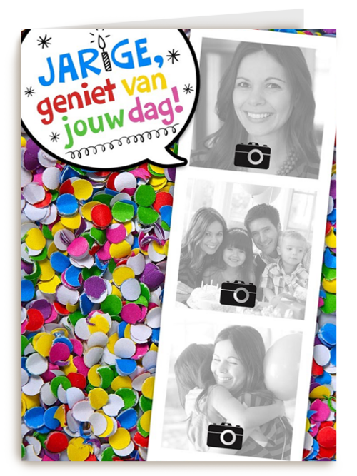 fotokaart jarige gekleurde confetti