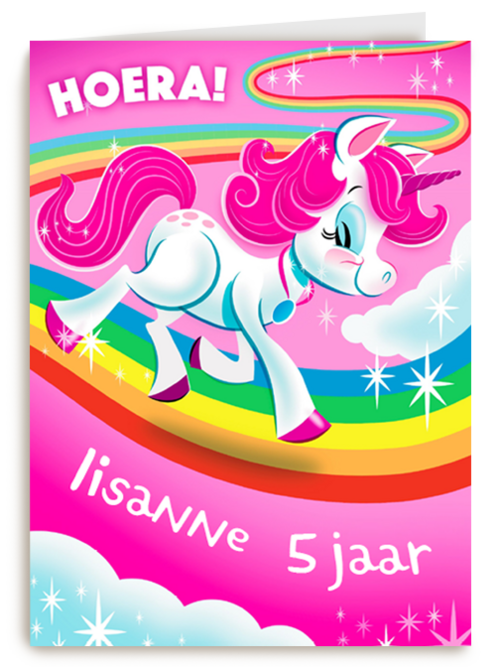 hoera een eenhoorn op een regenboog