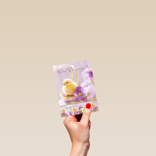 Kuiken in mandje met viooltje lieve paasgroetjes